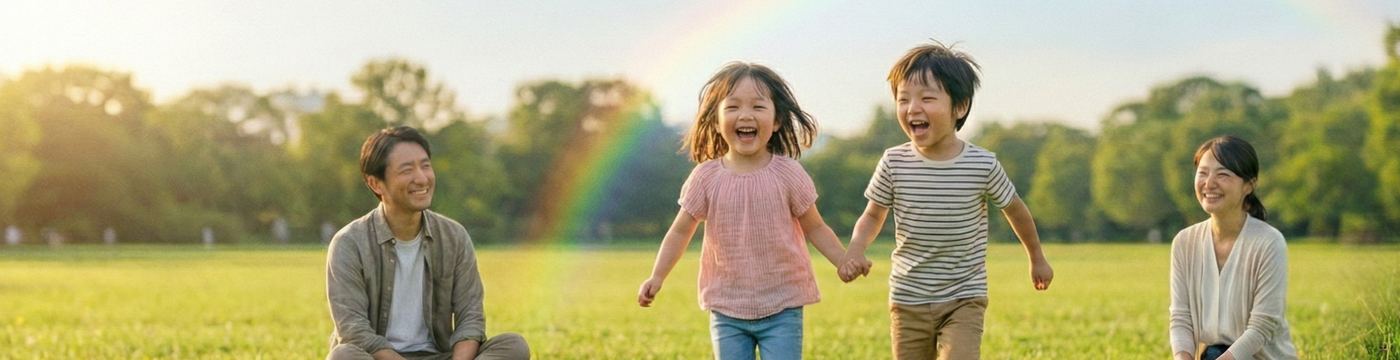 草原で手をつないで走る子どもたちと、それを見守る父親と母親
