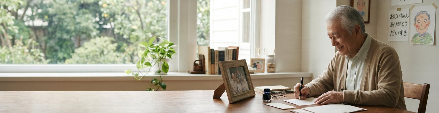 落ち着いた部屋で手紙を書く高齢の方