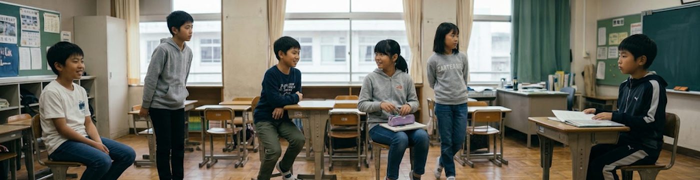 明るい教室の机と窓