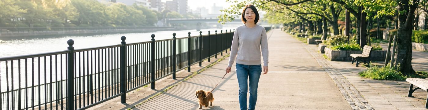 朝の遊歩道を歩く人
